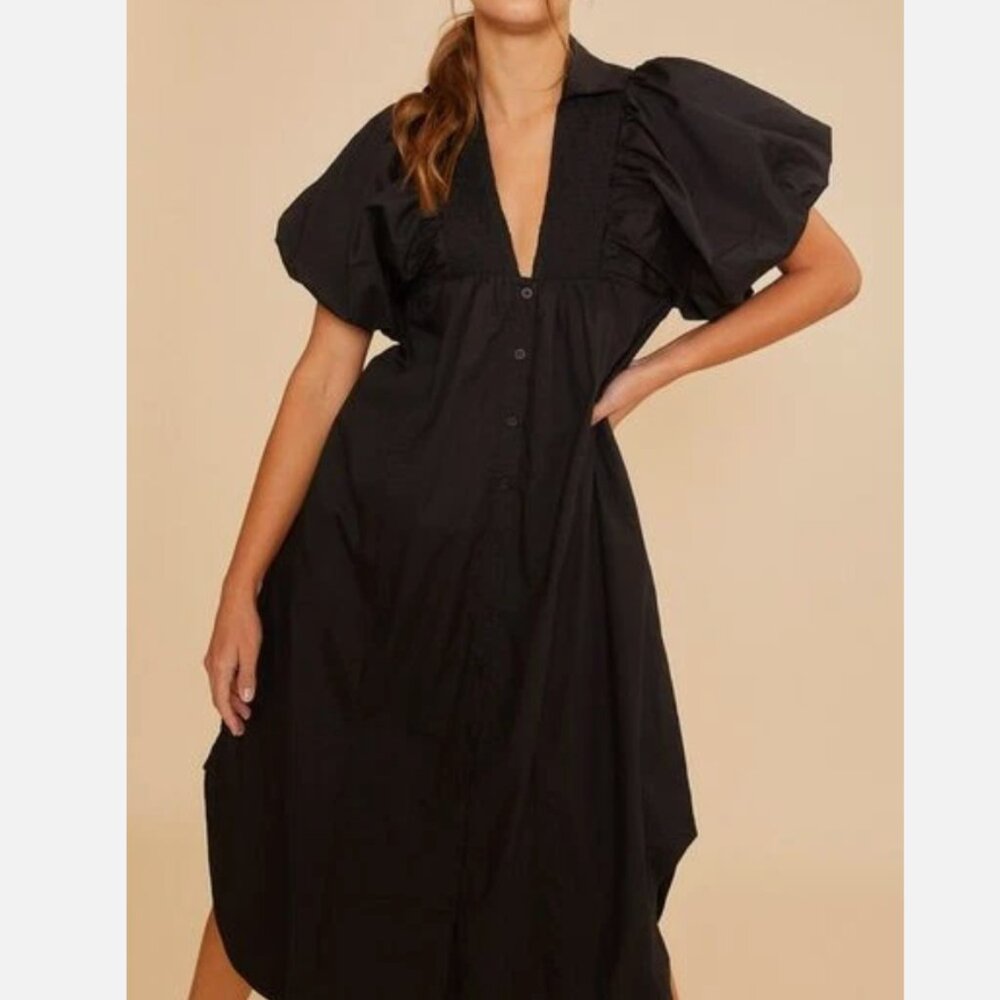 Anniewear Smocked Puff Sleeve Cotton Midi Dress Lagenlook